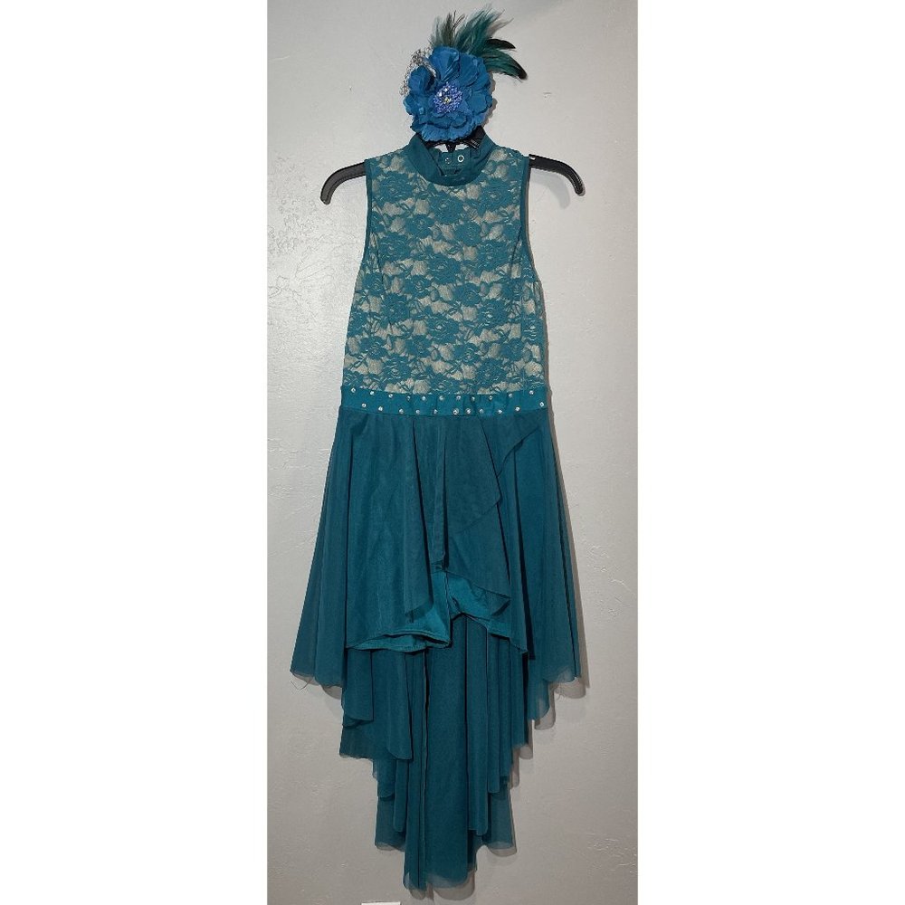 kelle teal dance dress with flower hairpiece